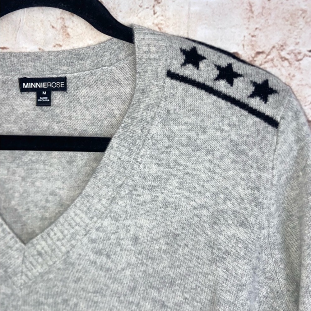 Minnie Rose Gray V-Neck Sweater with Black Star Accents